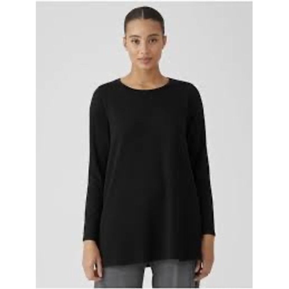Eileen Fisher M Stretch Jersey Knit Crew Neck Long Top Curved Hem Black